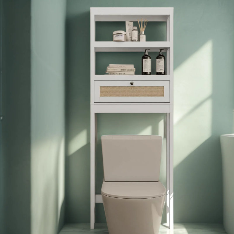 Armoire de rangement au-dessus de la toilette avec porte en rotin, organisateur de salle de bain à 3 niveaux, tablette en bois peu encombrante pour la salle de bain, la salle de lavage et les toilettes