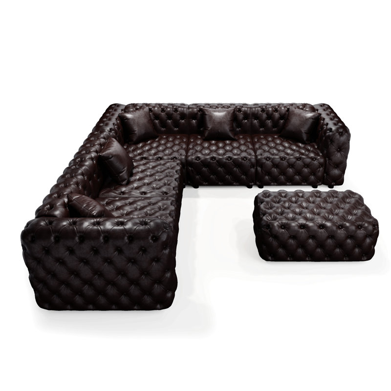 Ensemble de canapé modulaire en forme de L de 132,5 po, canapé modulaire 5 places rembourré en similicuir avec conception touffetée à la main pure, 1 repose-pieds et 5 coussins, combinaison multiple pour le salon