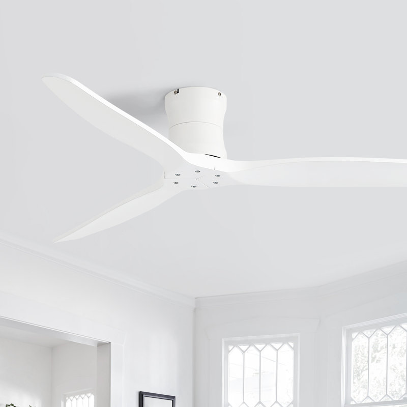 52" White Indoor 3 Solid Wood Blade DC Motor Low Profile Ceiling Fan No Light, Remote Control, White Body with White Blade
