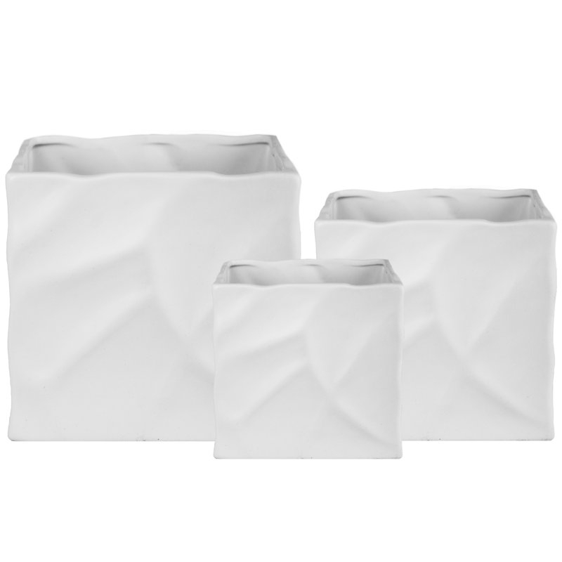 Ensemble de casseroles carrées en céramique avec motifs abstraits pressés et fini blanc mat