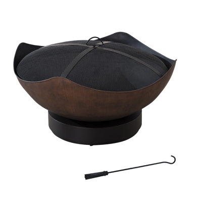 34 Inch Round Bowl Shaped Fire Pits, Copper Steel Wood Burning Fire Pit,  Outdoor Patio Large Size Fire Pit with Spark Screen and Poker 