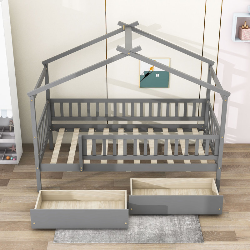 Lit maison 2 tiroirs, Simple, gris