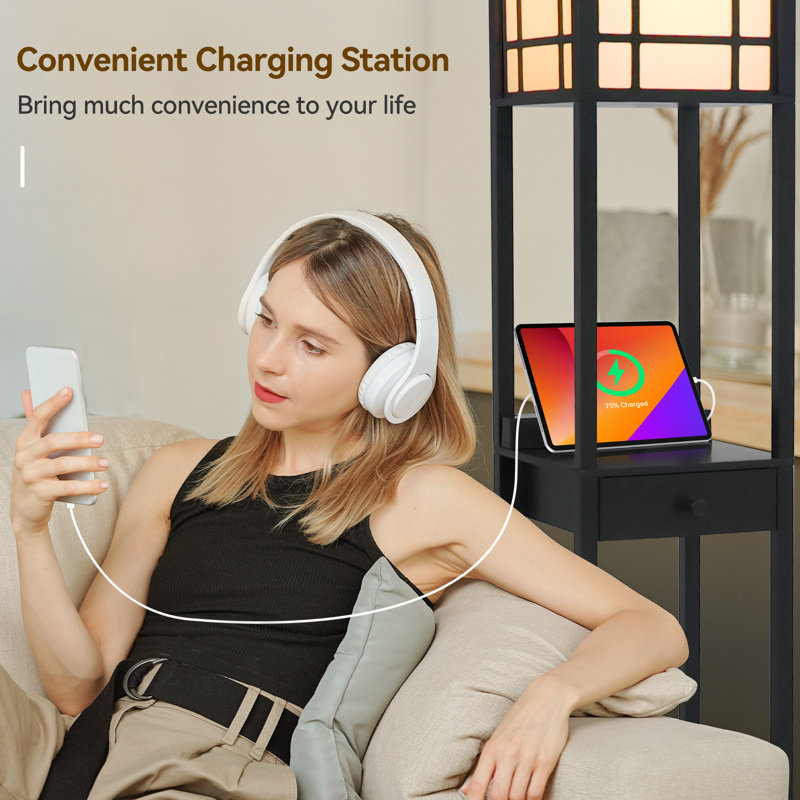 160cm Floor Lamp With Charging, 3 Layers Shelves Standing Light With Drawer, Reading Lamp