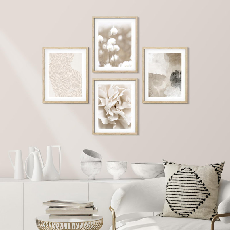 " Abstract Botanical Pictures Beige " 4 - Pieces, 16" H x 12" W, Natural