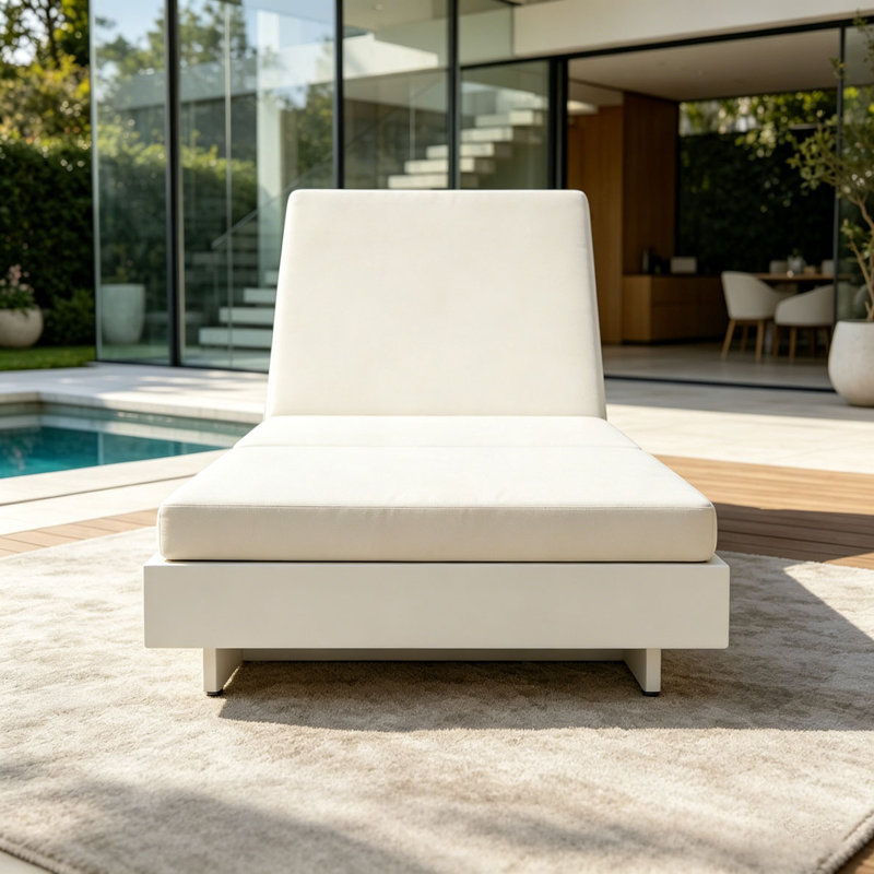 Solid Wood Lounge Chaise, White+Cream 3-Fold Cushion