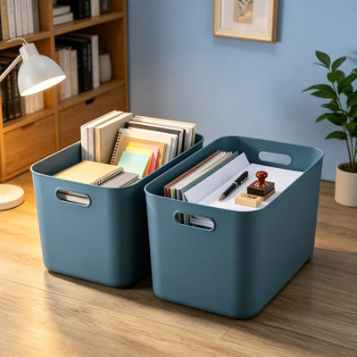 8-Pack Blue Plastic Storage Bins with Lids, Stackable Organizing Containers with Handles for Shelves, Desktop, Playroom, and Office, 14.2 x 10.2 x 9.5 Inches Each
