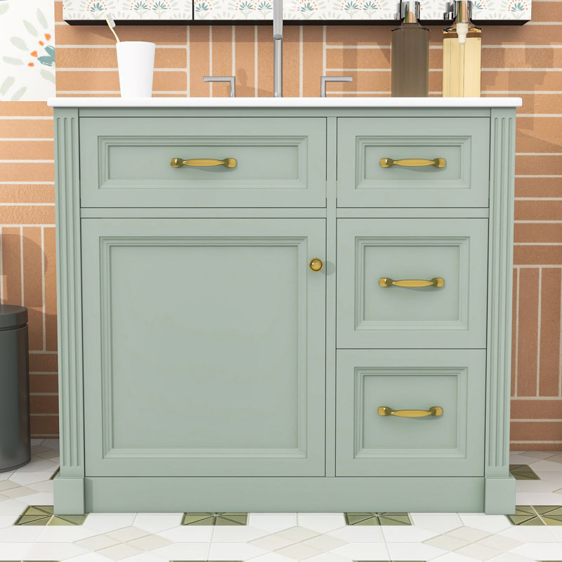 Meuble-lavabo 36 po avec lavabo en céramique, tiroirs, tablette et porte, Vert