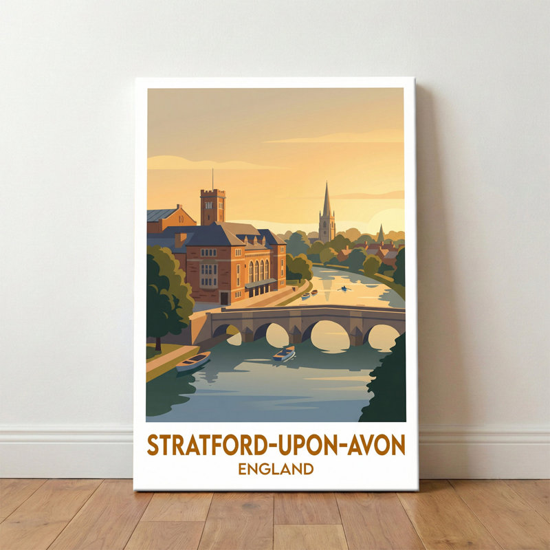 Stratford-upon-Avon, England - Romantic Riverbank Travel Poster. Giclee Print On Wrapped Canvas. Wall Art, Home Decor - Cities & Towns, England - Wrapped Canvas Print