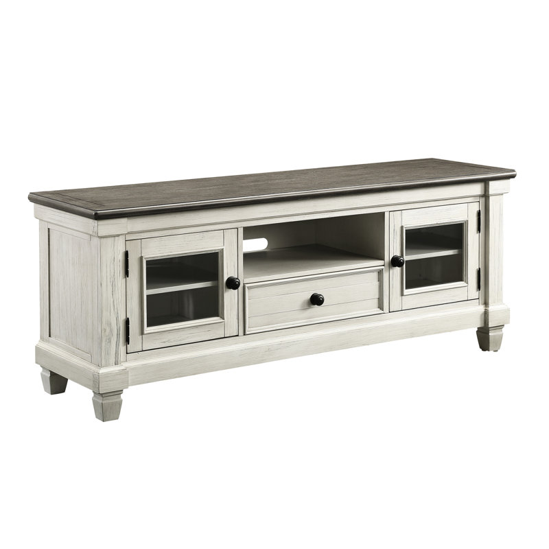 Meuble télé console Living Space, blanc antique et brun rosé, avec tiroir de rangement, hauteur 127-150 cm, en bois