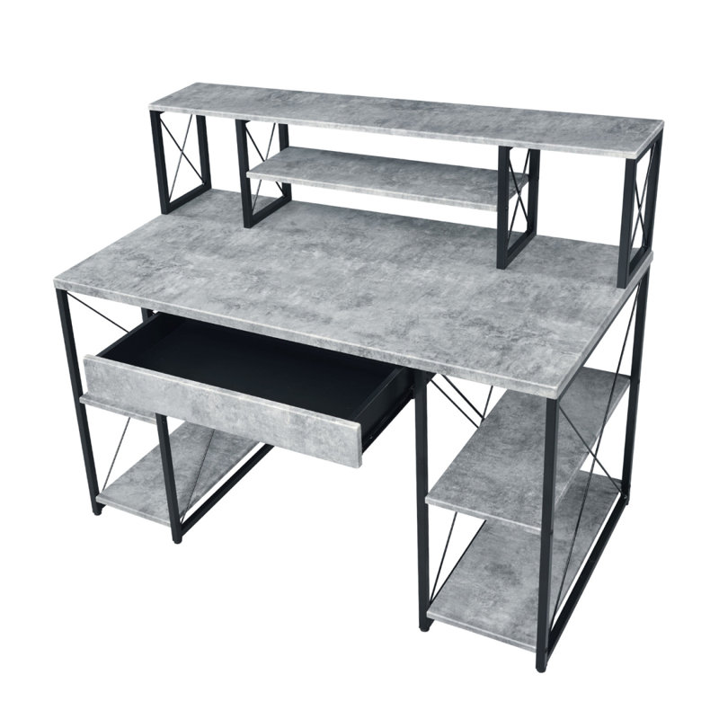 Bureau d'écriture avec un tiroir et 8 compartiments ouverts, faux béton, Gris