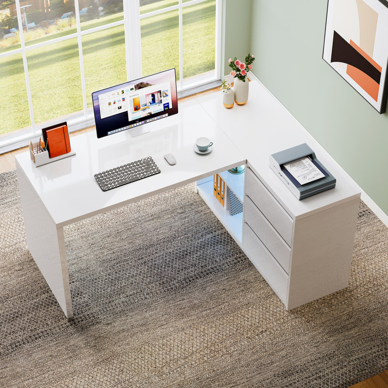 White L-Shaped Computer Desk With 3 Drawers, 55'' Modern Corner Home Office Executive Desk With Led Light