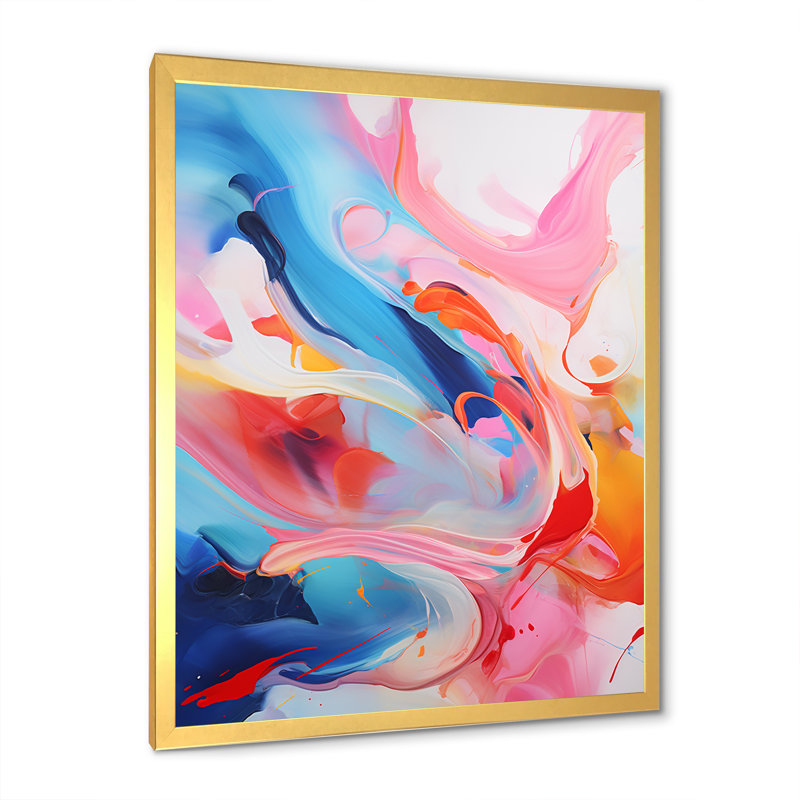 «Blue An Pink Paint Storm II», art mural abstrait à l'encre liquide, Cadre doré simple, H 20 po x l 12 po x P 1 po