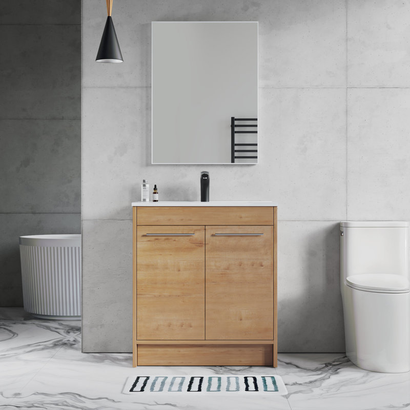 Grove Free Standing Single Bathroom Vanity with White Ceramic Sink, 2 Soft-Close Doors and 1 Adjustable Shelf, Floor Standing Vanity Set in Oak Natural