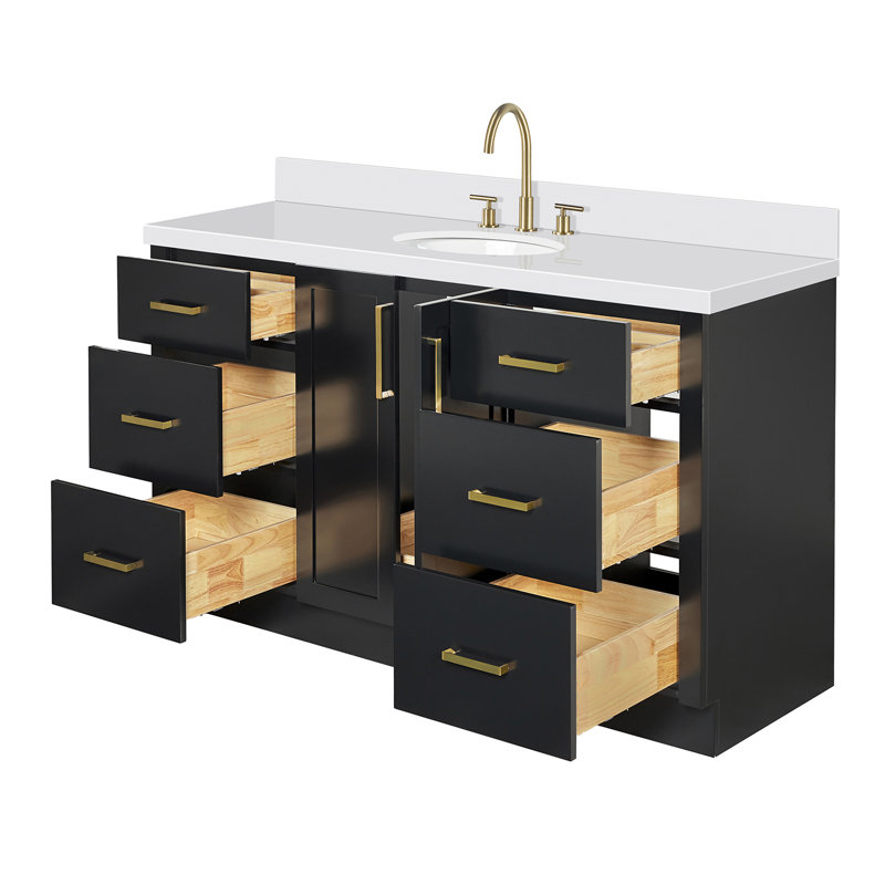 Meuble-lavabo ovale simple de 61 pouces avec comptoir en quartz blanc pur de 1,5 pouce d'épaisseur et finition noire., Ovale