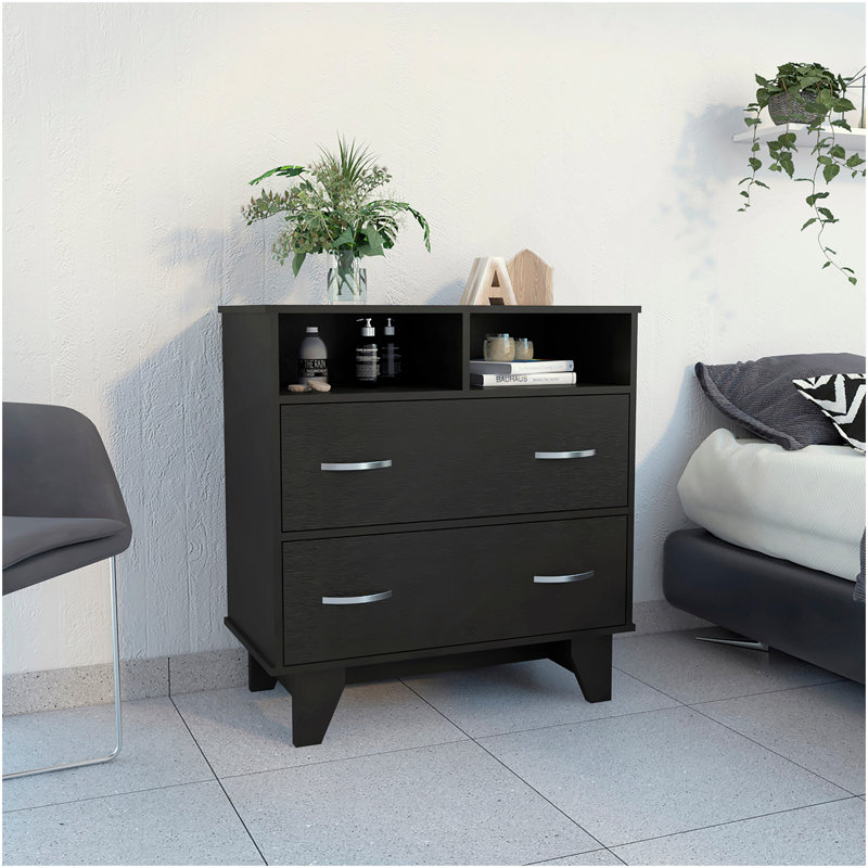 Commode à deux tiroirs, deux tablettes, plateau supérieur, quatre pieds, Noir