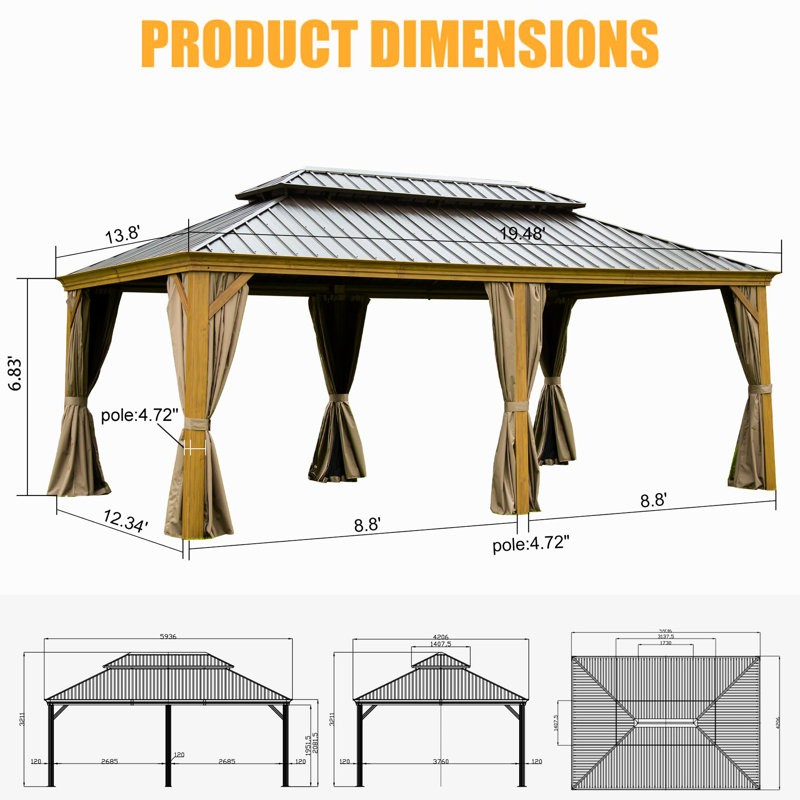 Pavillon de jardin 14 po x 20 pi avec toiture en acier galvanisé et grande base en aluminium