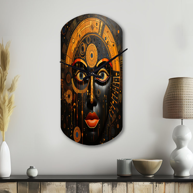Tribu africaine, motifs sacrés V - horloge murale tribale africaine asymétrique en métal, impression d'horloge murale orange