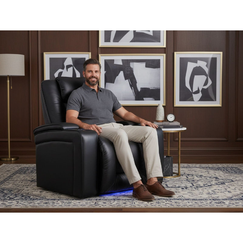 Upholstered Home Theater Seating with Cup Holder, Black Leather Match