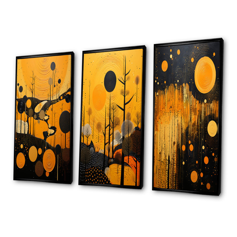 «Native Safran and Ebony Heritage - Native American Art Wall Art Living Room Ensemble de 3, Cadre flottant noir