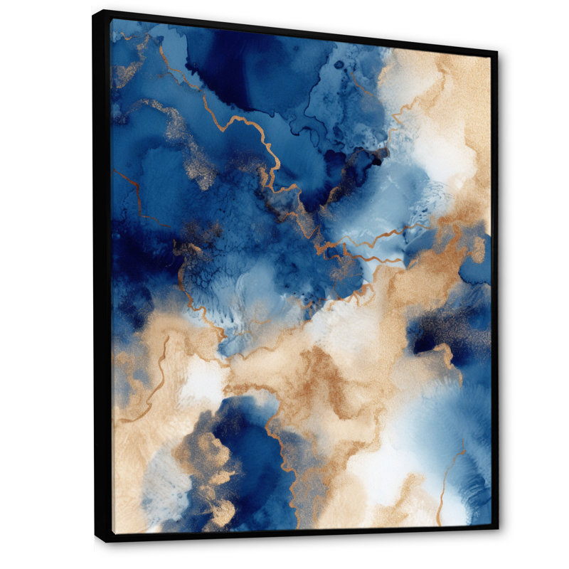 Bleu et nuages de marbre dorés, Cadre flottant noir, H 44 po x l 34 po x P 1,5 po
