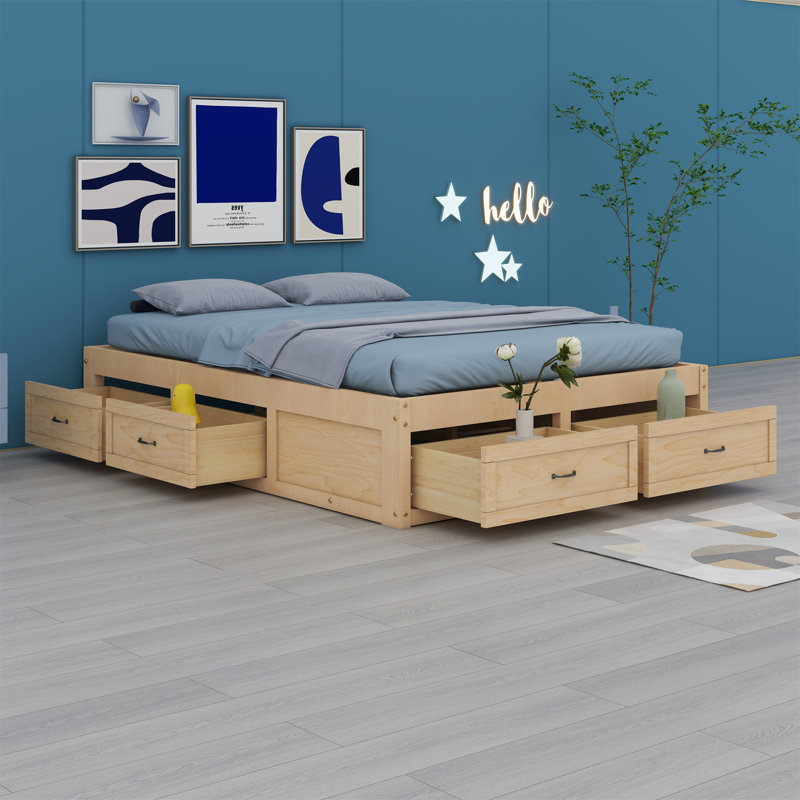 Lit plateforme avec tiroirs de rangement, Naturel antique, Double