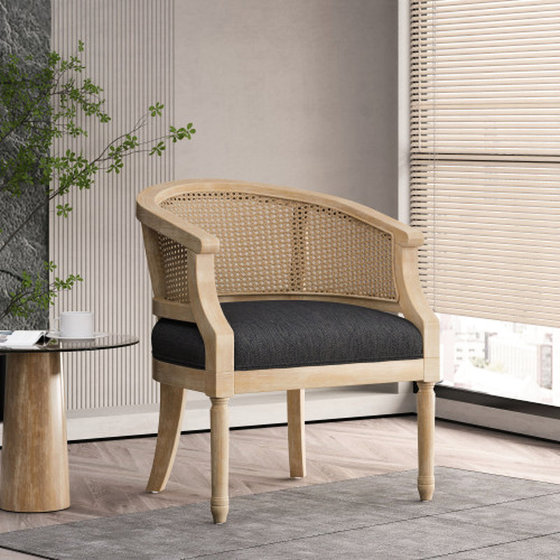 Fauteuil d'appoint gris anthracite avec sangles de canne et revêtement rembourré style campagne française