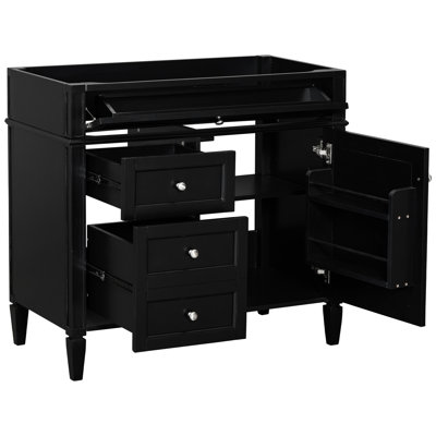 Meuble-lavabo de 36 po de style moderne, 2 tiroirs et un tiroir basculant, organisateur de porte d'armoire, tablette réglable, glissières de tiroir en métal lisse, rangement divers, pieds romains, poignées texturées, noir, solide