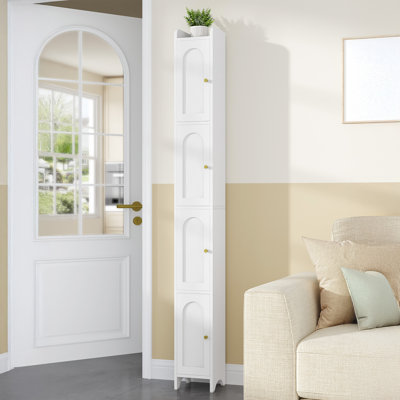 Meuble de rangement de salle de bain de 180 cm de haut, haut et étroit, de coin, avec 4 portes cintrées et une étagère réglable, idéal pour les petits espaces, blanc.
