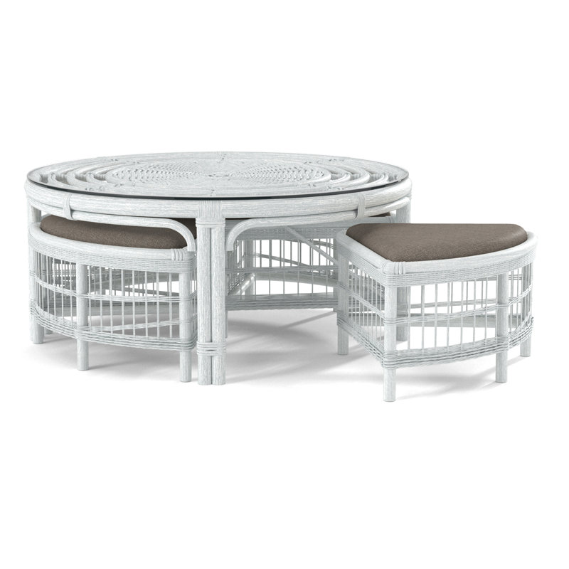 Raffles Rattan Cocktail Table with Benches, Frost White, Blue Buffalo Check; 0120-61