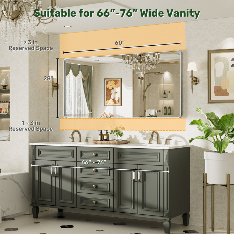 Miroir de salle de bain mural Llesenia, 60 po x 28 po, Argent argent, Rectangulaire