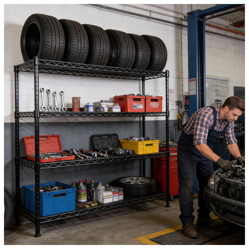 Étagère de garage robuste à roulettes de 55,5 po de largeur avec support à 4 niveaux réglable, capacité de 2 400 lb, étagère à roulettes industrielle, noir