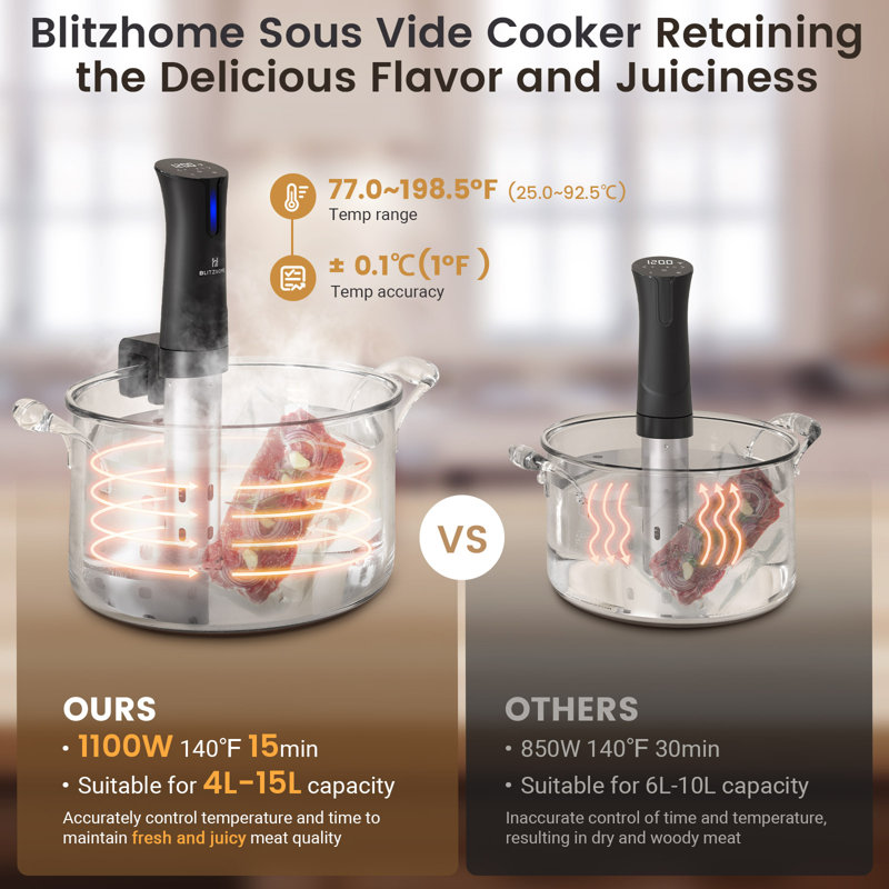 BLITZHOME 1100W Black Stainless Steel Sous Vide Cooker with LED Display