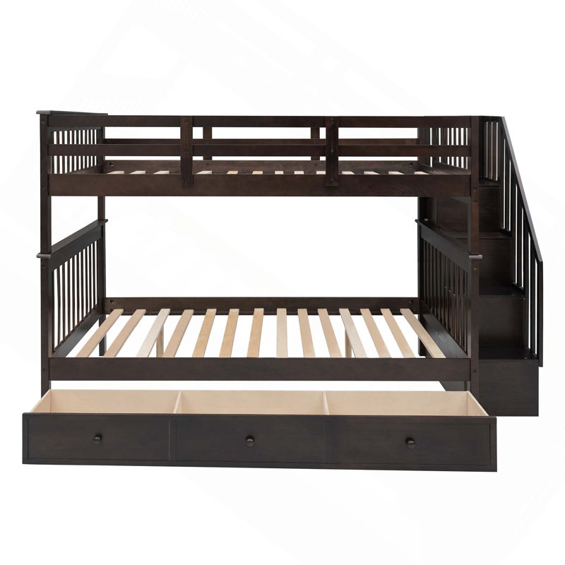 Lit superposé double sur escalier avec tiroirs de rangement, rangement et garde-corps pour la chambre à coucher, Espresso