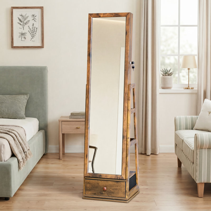 360° Rotating Jewelry Armoire with Full Length Mirror, LED Lighted Vanity Station with Foldable Shelf, Rustic Brown