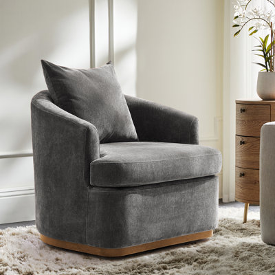 Fauteuil demi-tonneau pivotant en chenille moderne l 31 po Berklie avec accoudoirs uniques et pieds en bois massif