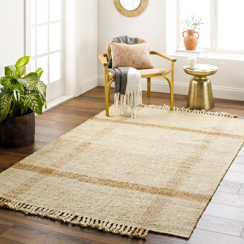 Tapis en jute tissé à la main en beige / moutarde, Rectangle 8 pi x 10 pi