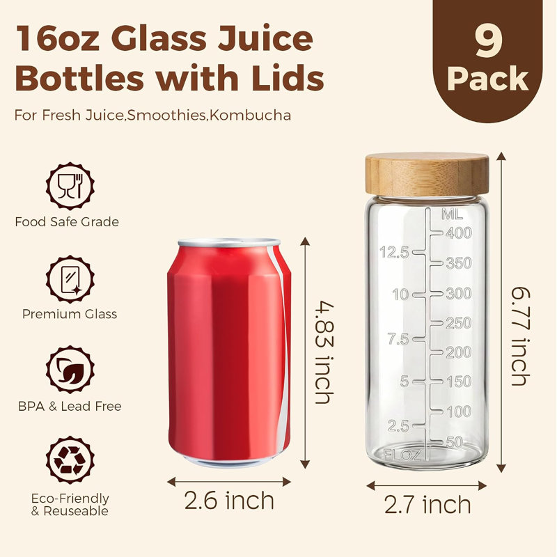 Bouteilles à jus rondes en verre de 473 ml (16 oz) avec couvercles hermétiques en bambou, réutilisables, ensemble de 9

Bouteilles en verre