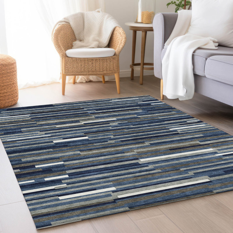 Tapis bleu marine de qualité supérieure lavable à la machine Prisco, Rectangle 9 pi x 12 pi