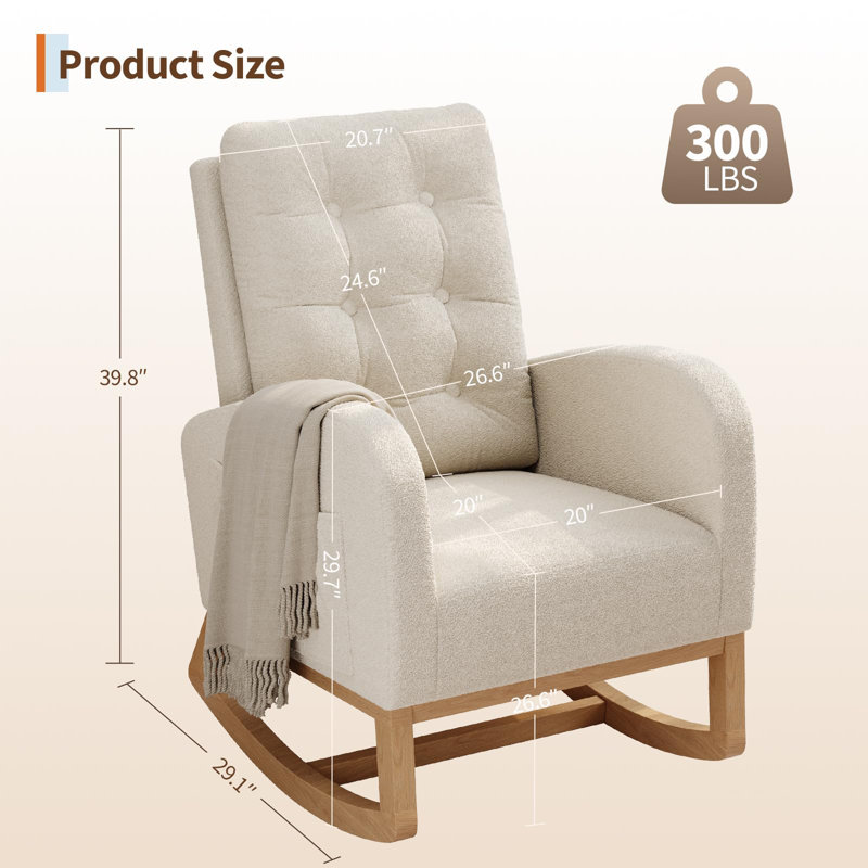 High-Back Comfortable Nursery Rocking Chair with Soft Lambswool Upholstery & Sturdy Wood Legs, Glider for Living Room or Bedroom, White (No Footrest)