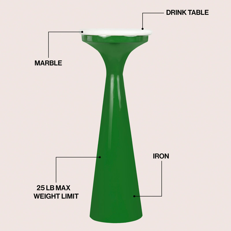Oliver Contemporary 8" x 22.25" Green Metal Pedestal Drink Table with White Marble Top, Small Round Accent End Table for Living Room