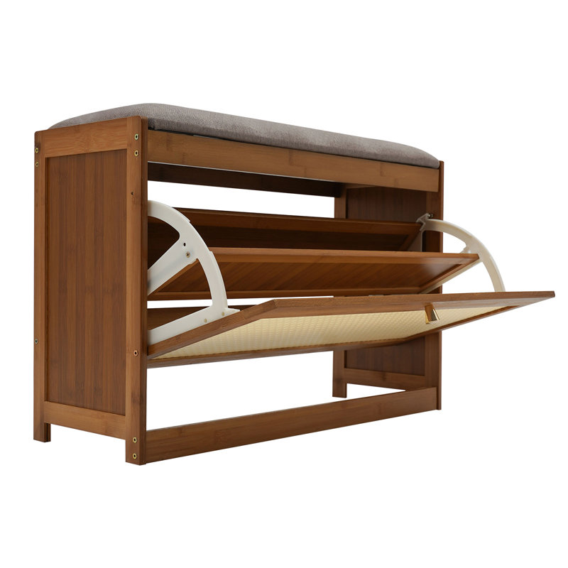 Tabouret de rangement pour chaussures à 2 niveaux en bambou, banc de rangement pour chaussures avec siège rembourré