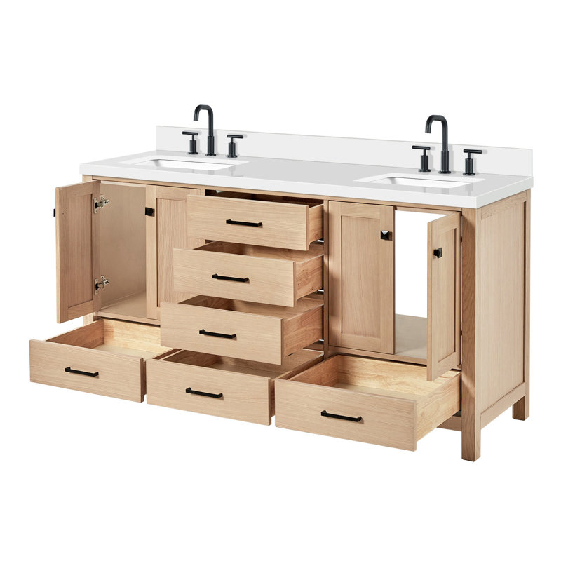 Meuble-lavabo double autoportant de 67 po avec plateau en quartz Cambridge, Chêne / noir mat, Rectangular