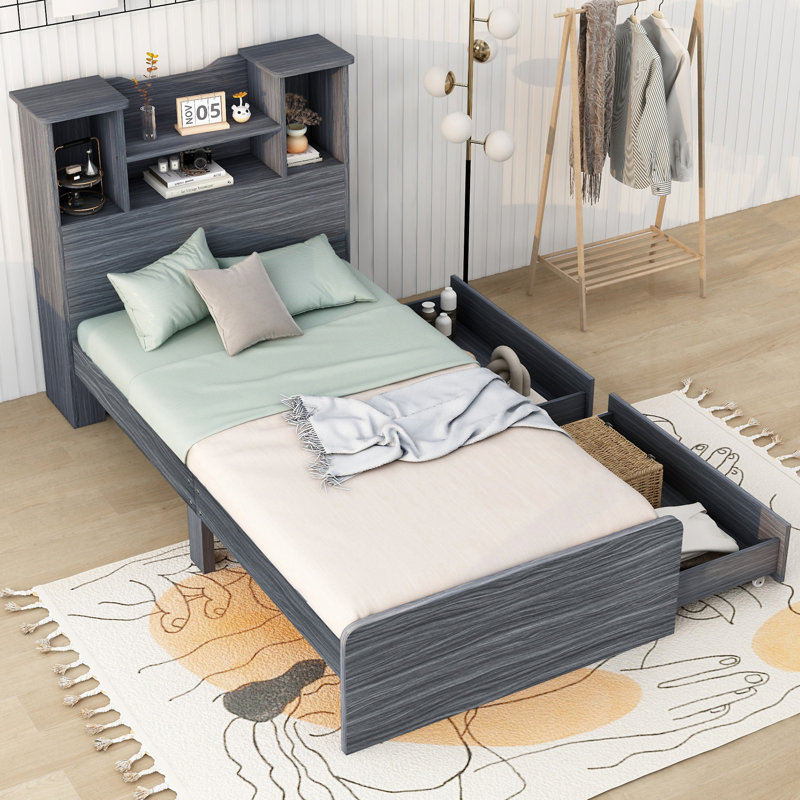 Base de lit plateforme de rangement avec 4 tablettes de rangement ouvertes et 2 tiroirs de rangement, Gris