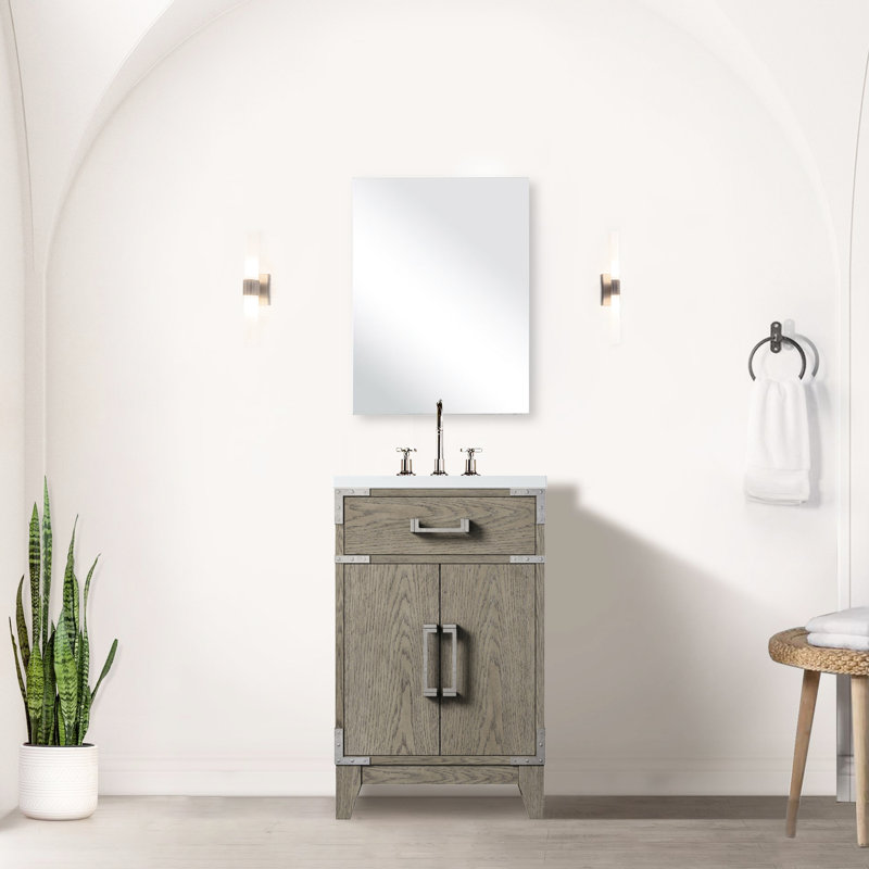 Meuble-lavabo simple en chêne gris avec comptoir en acrylique et miroir de 45,7 cm (18 po) – Nombreux rangements – Profondeur de 44,4 cm (17,49 po) – Double joint d’étanchéité et protection supplémentaire