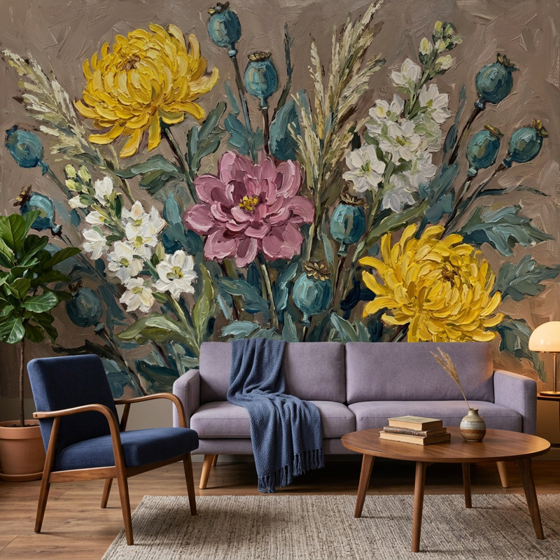 Papier peint amovible de jardin botanique jaune avec dahlia mauve, 200 po x 120 po, Non-Woven Nonpasted