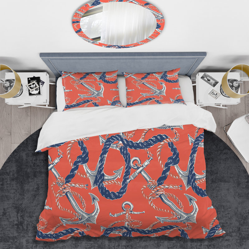 Peach Blue Nautical Anchor II - Nautical Duvet Cover Set, King Duvet Cover + 2 King Pillow Shams