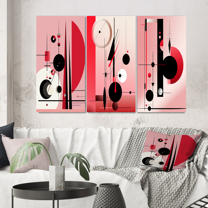 "Oracle circulaire géométrique en noir et rose", 3 pièces sur toile, Toile tendue, H 32 po x l 48 po