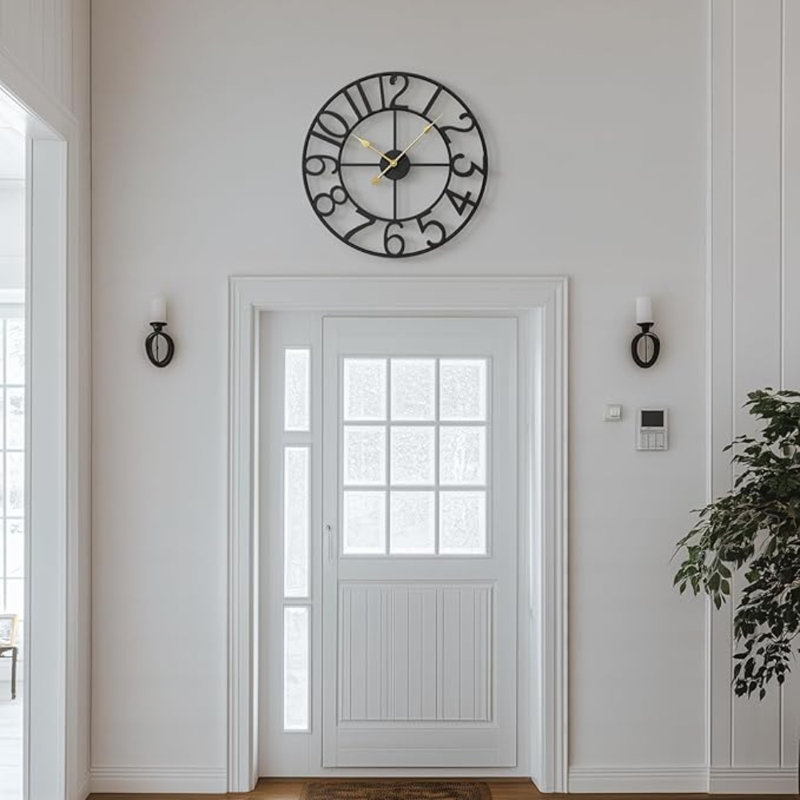 Large Wall Clock, 24 Inch Black Decorative Wall Clock For Living Room, Modern Metal Battery-Operated Arabic Numerals Round Wall Clocks Silent Non Ticking For Kitchen Mantel Bedroom Office