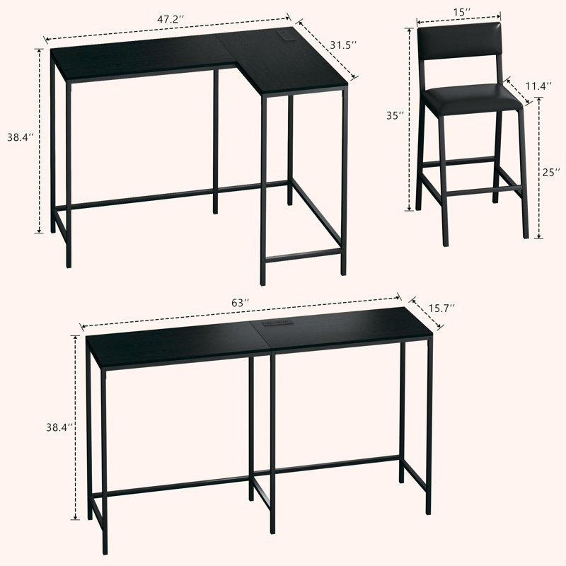 Ensemble de salle à manger convertible en L 3 pièces avec 2 tabourets