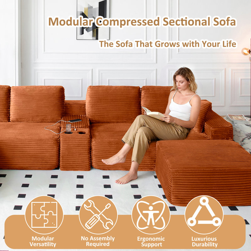 Boneless Chifley 150.50" W U-Shaped Modular Corduroy Sectional,Cup Holders,USB Charge,with 2 Ottoman,No Assembly Required Boneless Couch